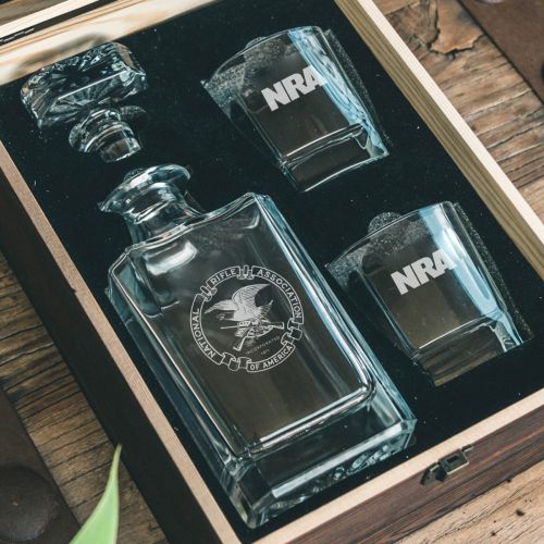 NRA Whiskey Decanter With 2 Glasses and Custom Wood Box